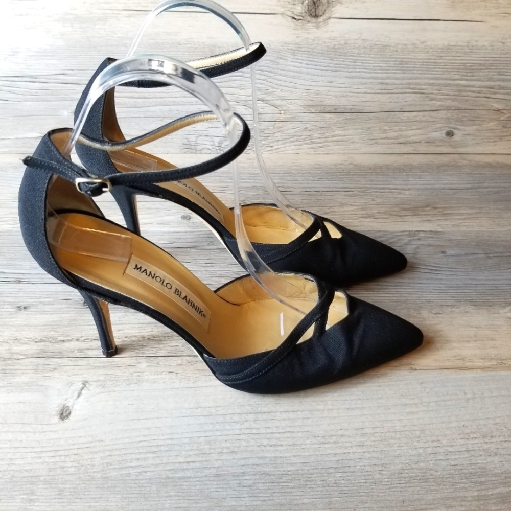 Vintage Manolo Blahnik Linen Ankle Strap Pointed Toe Pump Heel